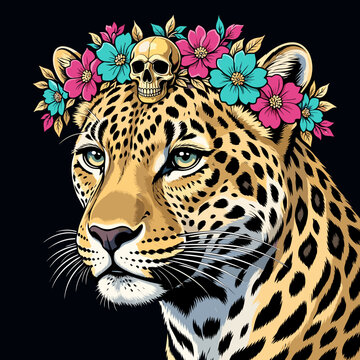 Leopard portrait in floral wreath with human skull illustration in day of the dead style for tattoo design, streetwear t-shirt print, rock poster and festival banner