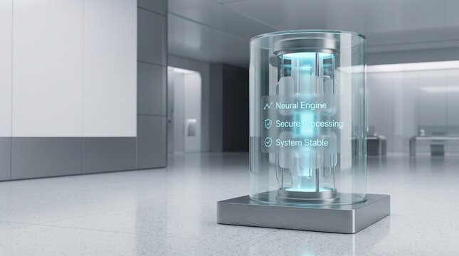 A futuristic server rack glowing with blue light representing advanced artificial intelligence technology inside a clean modern data center facility