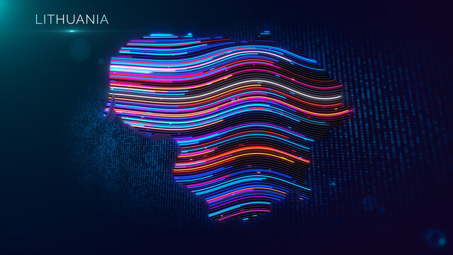 A luminous three dimensional Lithuania map displays colorful flowing neon lines beside a visible country label, with particles, glowing dots, and a futuristic digital background.