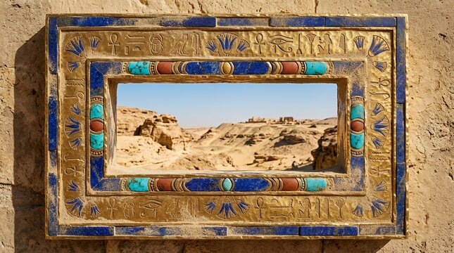 Egyptian stone frame with turquoise inlay and desert view.