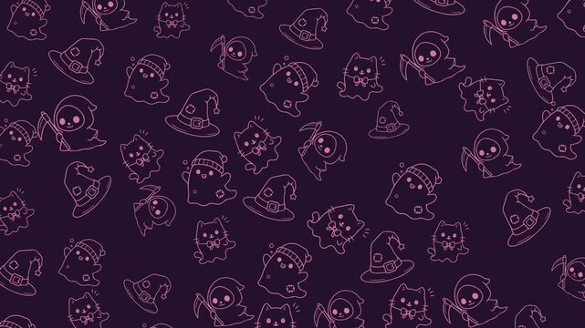 Cute Halloween doodle pattern with ghost reaper, witch cat and witch hat. Seamless loop, pink monochrome line art on dark purple.