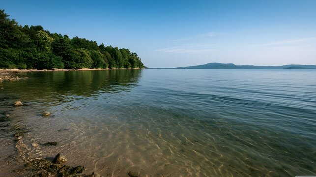 Calm lake water gently laps a sandy shore lined with dense green trees under clear blue sky