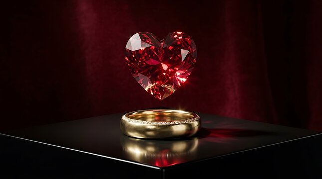 Sparkling red heart diamond hovering gracefully over classic gold band set on dark black block.