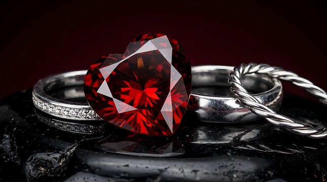 Radiant red heart shaped gemstone resting with elegant silver wedding bands on textured stone.