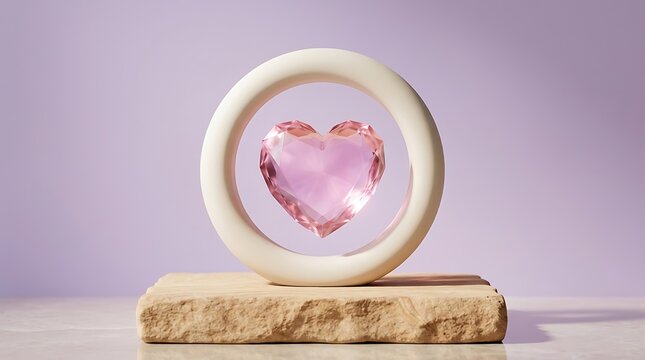 Pink crystal heart shape framed by white circular ring resting on rustic sand stone base slab.