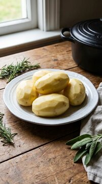 Fresh golden potatoes arranged on rustic weathered wooden surface, perfect for cooking preparations, healthy meal inspiration, or farm to table aesthetic shots