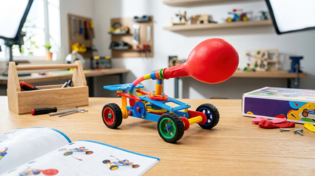 Educational diy balloon powered toy car kit with plastic gears on wooden workshop table alongside tools and instruction manual.