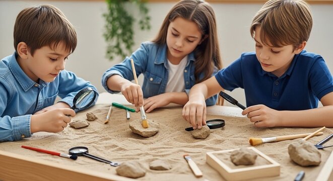 Engaged children enthusiastically exploring and excavating ancient fossils in a sandy learning environment, showcasing scientific curiosity and discovery.