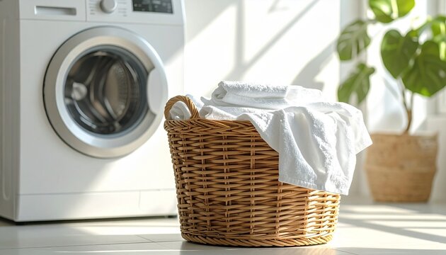 Laundry Basket with Clean Clothes in Bright Laundry Room