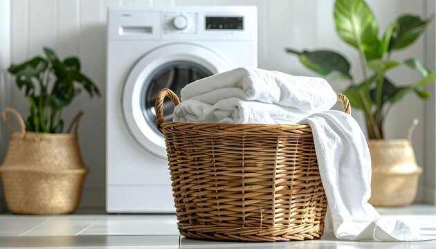 Laundry Basket with Clean Clothes in Bright Laundry Room