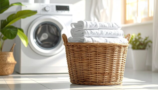 Laundry Basket with Clean Clothes in Bright Laundry Room