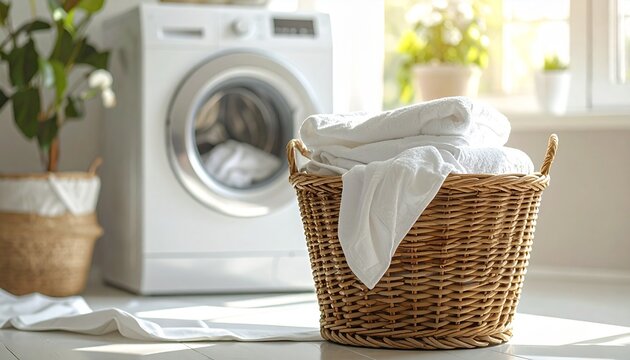 Laundry Basket with Clean Clothes in Bright Laundry Room