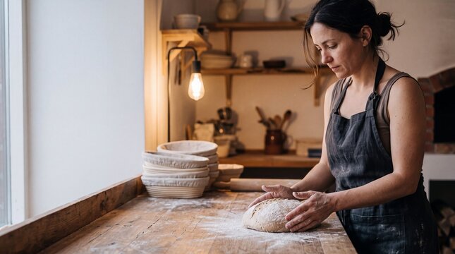 Female artisan baker carefully shaping fresh sourdough bread dough on a rustic wooden table in a warm cozy bakery kitchen