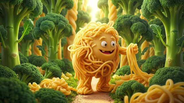 Playful spaghetti monster character waving in surreal broccoli forest. AI generated fantasy creature in food landscape. Lockdown shot.