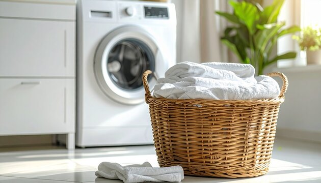 Laundry Basket with Clean Clothes in Bright Laundry Room