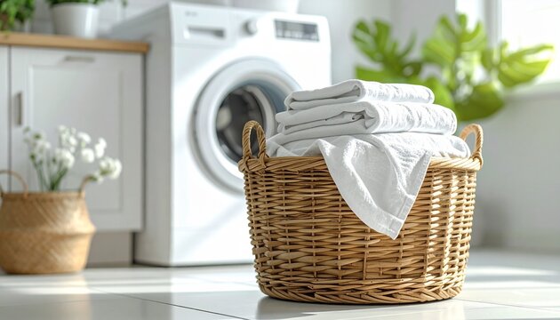Laundry Basket with Clean Clothes in Bright Laundry Room