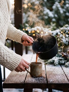 Person in a cozy knit sweater pouring hot steaming mulled wine from a pot into a rustic mug on a snowy wooden table outdoors