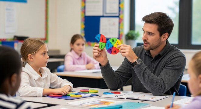 Engaged teacher demonstrates fraction concept using colorful pie pieces to young students in a bright classroom setting, promoting interactive math education.
