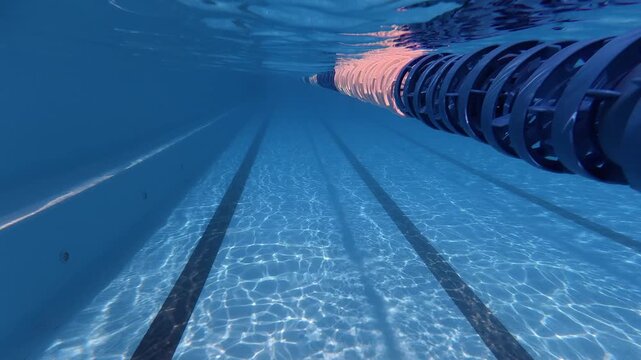 Swimming pool lane lines drifting underwater in outdoor lap pool