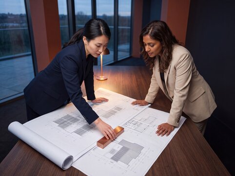 Multiethnic female architects and business partners analyzing blueprints on a large conference table in a modern office