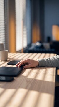 A close-up shot of a person using a computer mouse on a wooden desk with soft sunlight streaming through window blinds in a cozy home office setting