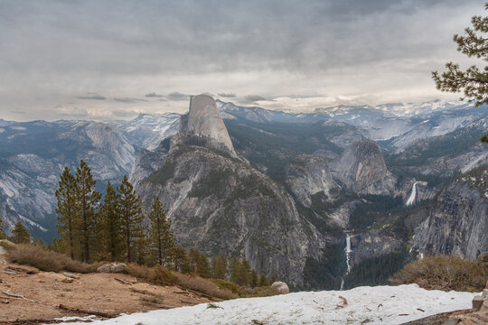 Beautiful scenic panorama of Half Dome and waterfalls from Glacier Point in Yosemite