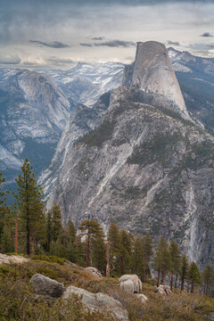Vertical view of majestic Half Dome from Glacier Point in Yosemite National Park