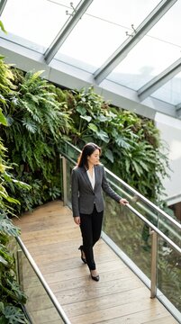 Asian businesswoman in a formal suit walking along a wooden bridge inside a modern eco-friendly office with a green vertical wall and glass roof