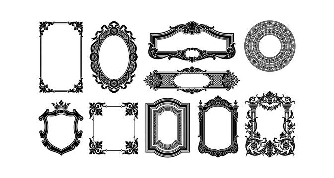 Set of vintage decorative frames and borders, ornate rectangular and oval frames with intricate floral patterns and royal elements
