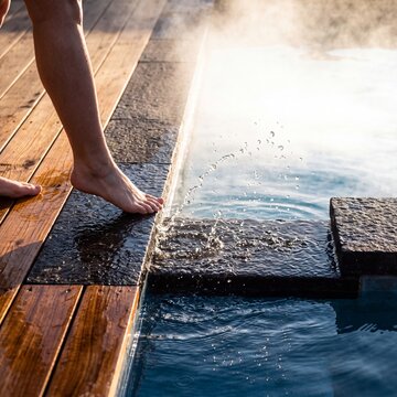 Person dipping foot into a warm outdoor pool with steam rising and water splashing at a luxury spa resort
