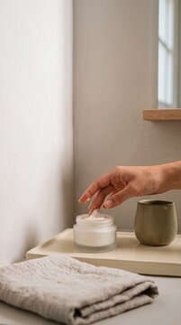 Close-up of a hand dipping fingers into a jar of nourishing white cosmetic face cream in a minimalist bathroom setting