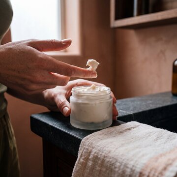 Woman dipping finger into a jar of organic moisturizing face cream in a modern bathroom setting