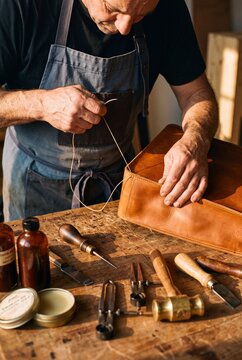 Skilled craftsman hand stitching a premium genuine leather bag at a workshop workbench surrounded by traditional leatherworking tools