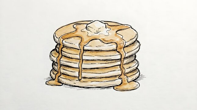 Stack of Pancakes with Butter and Syrup on Top, Hand-drawn Illustration