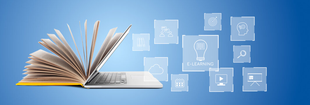 E learning at its core with a book and laptop showing resources and tools on a blue background
