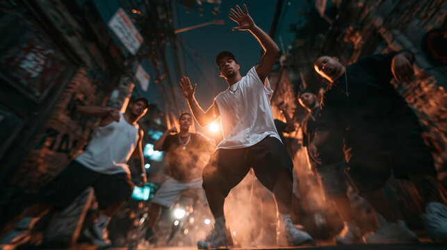 Hip Hop Street Dancers Performing in Urban Alley at Night