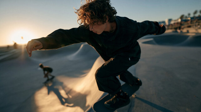 Young Skateboarder Riding Board in Skatepark at Sunset