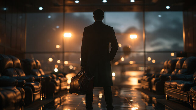 Silhouette of Businessman with Bag Standing in Airport Terminal at Night