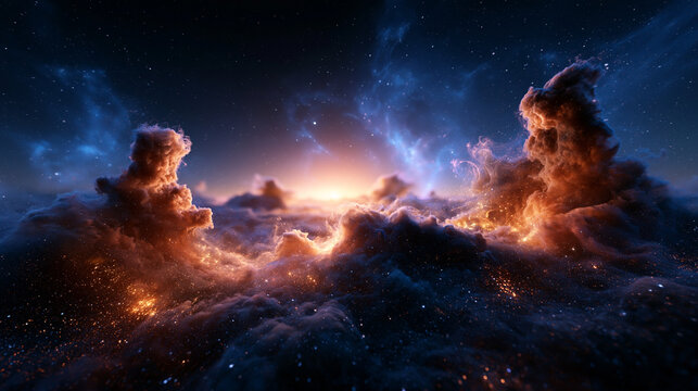 Cosmic Nebula with Glowing Dust Clouds and Stars in Deep Space
