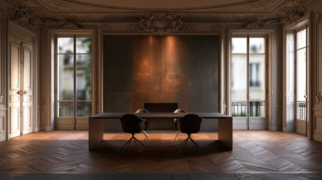 Luxury Executive Office Interior with Modern Desk and Classic Architecture