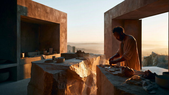 Chef Preparing Food in Modern Minimalist Outdoor Kitchen