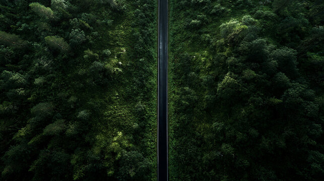 Aerial View of Straight Asphalt Road Cutting Through Dense Forest