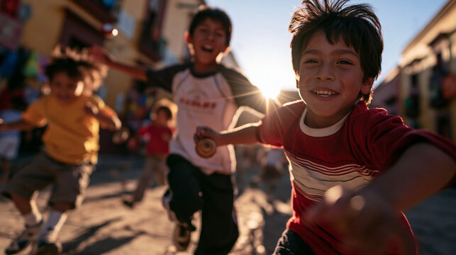 Happy Children Running and Playing on Sunny Street