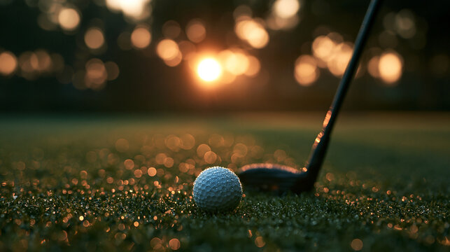 Golf Ball and Club Head on Green During Golden Hour