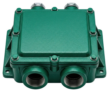 Industrial green electrical junction box cutout on transparent background