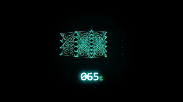 A high-tech animation of a cyan neural network data structure processing on a black background, with a percentage counter steadily climbing from 16% to 93%.