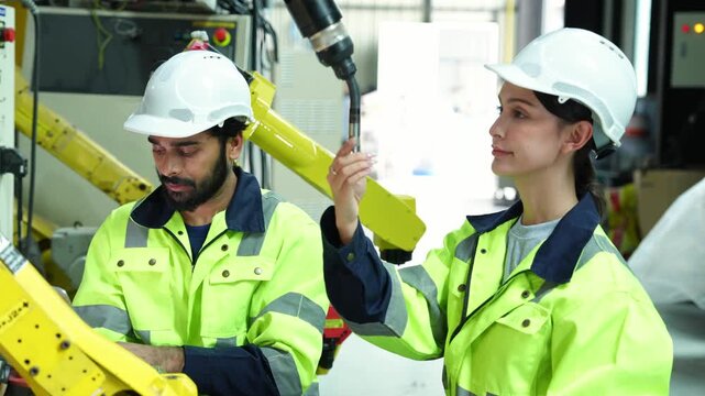 Multicultural team working together in an industrial environment wearing safety equipment and utilizing advanced technology