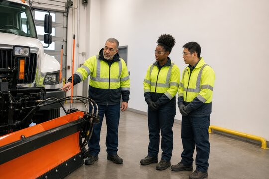 Snow Plow Driver Training Mechanic Explaining Snowplow Hydraulic