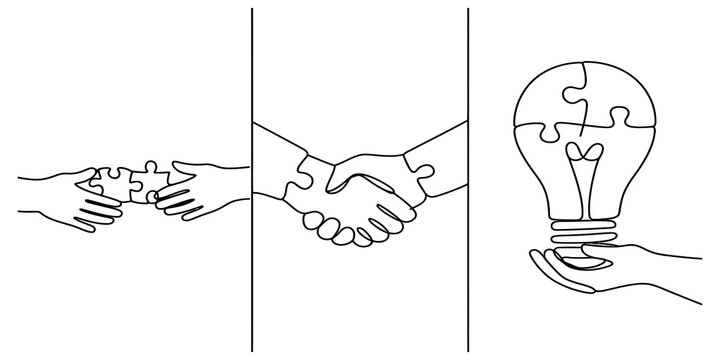 Set of business concept line art illustrations showing hands connecting puzzle pieces, shaking hands for agreement, and holding a light bulb for ideas