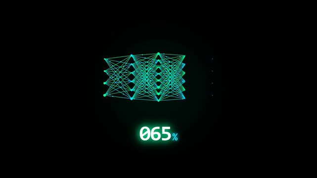 A glowing green neural network structure progressively forms layer by layer against a black background, accompanied by an increasing percentage counter tracking the processing progress.